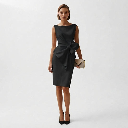 Women's Bow-Accent Elegant Midi Dress