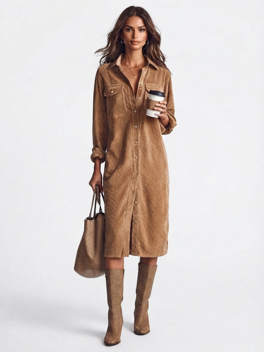 Women's Long-Sleeve Button-Front Midi Dress