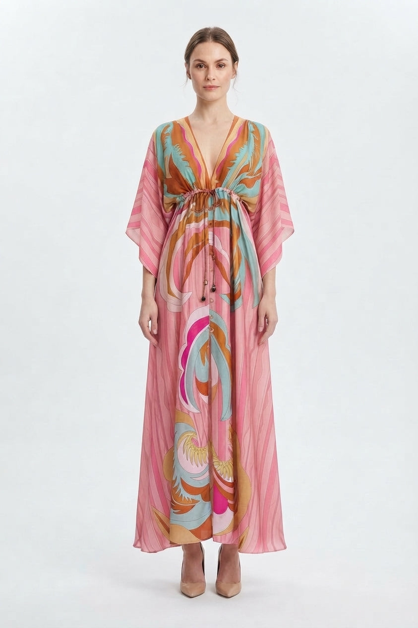 Women's Belted Patterned V-Neck Maxi Dress