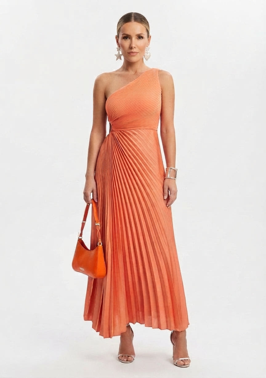 Women's Pleated One-Shoulder Bridesmaid Maxi Dress