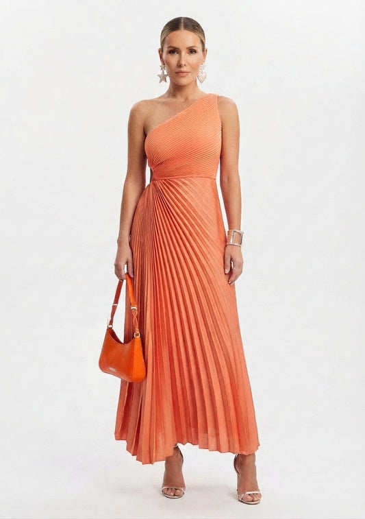 Women's Pleated One-Shoulder Bridesmaid Maxi Dress