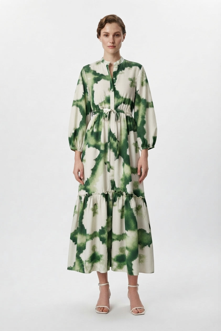 Women's Printed Long-Sleeve V-Neck Maxi Dress