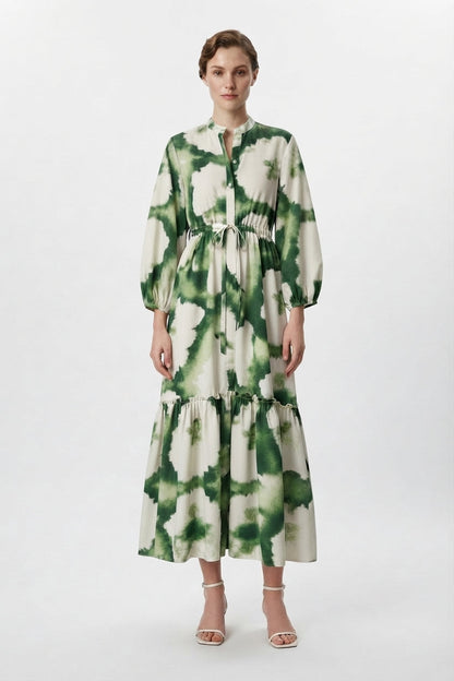 Women's Printed Long-Sleeve V-Neck Maxi Dress