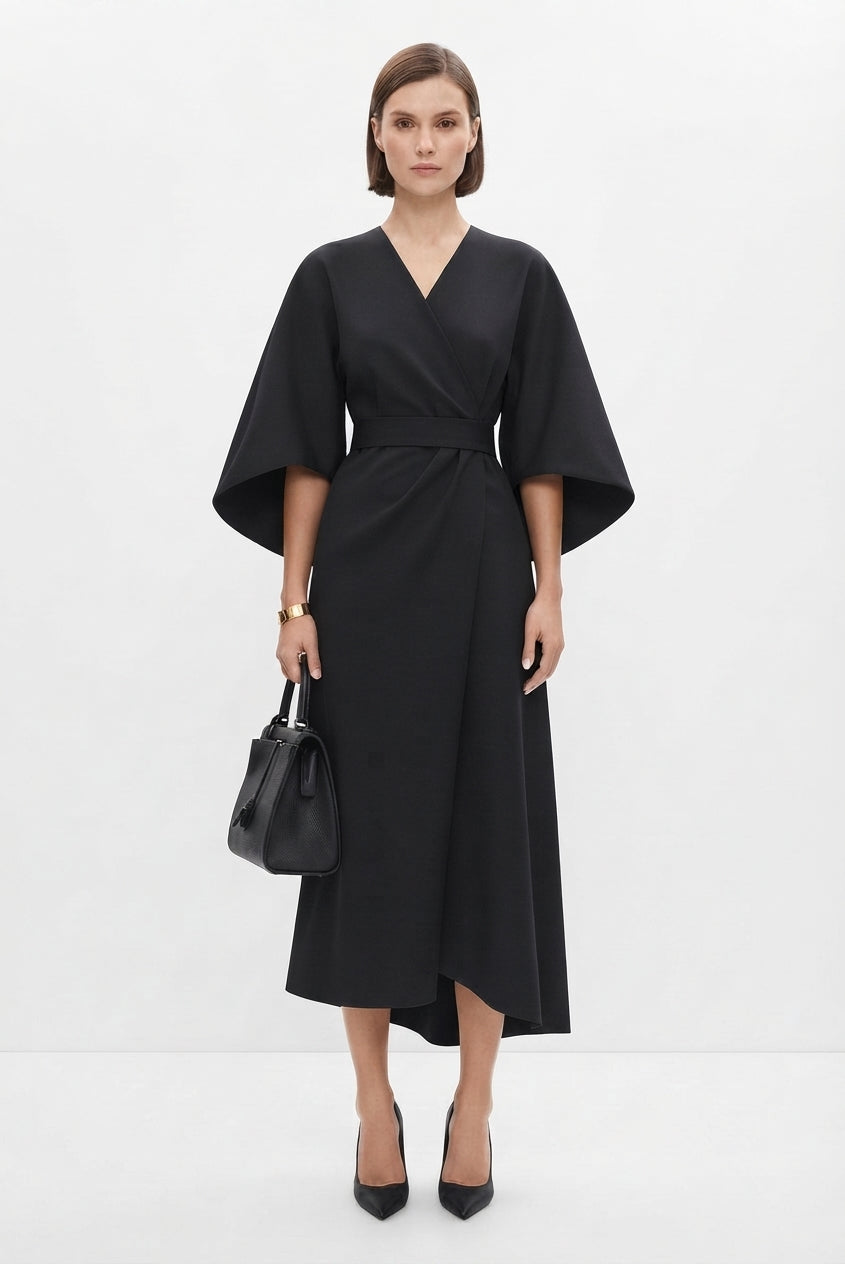 Belted Midi Dress with Kimono Sleeves for Women