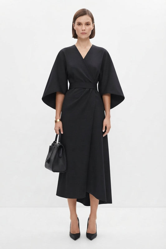 Belted Midi Dress with Kimono Sleeves for Women