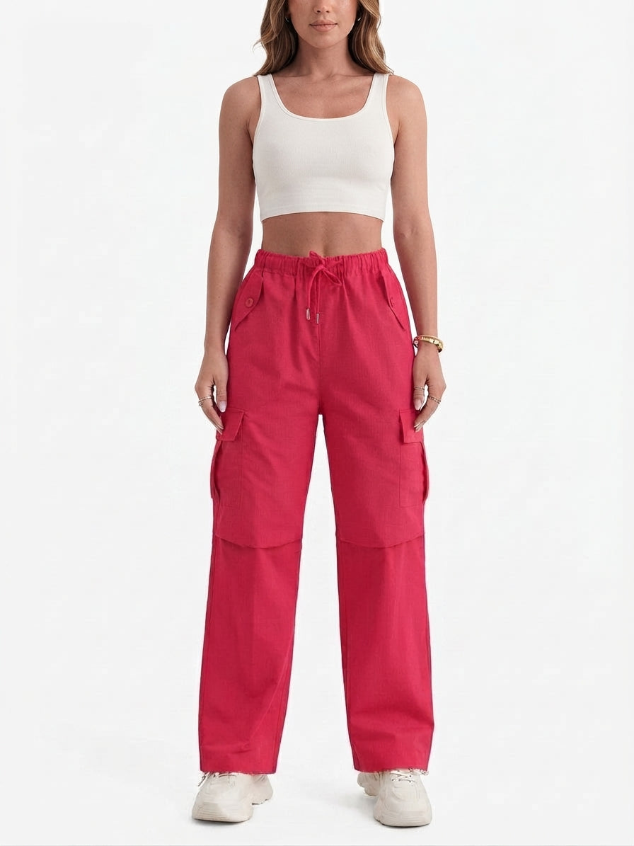 Women's Drawstring Waist Cargo Pants with Utility Pockets