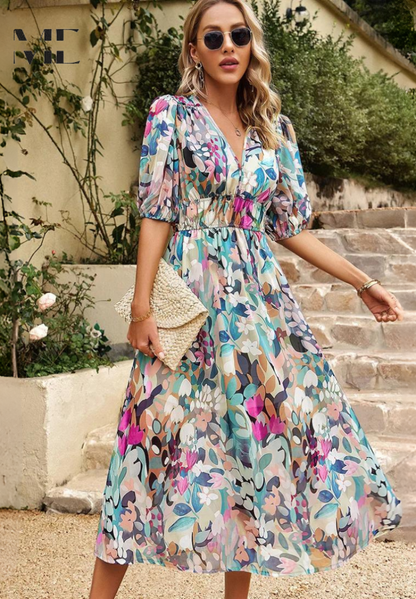 Women's Floral V-Neck Midi Dress for Wedding Guests