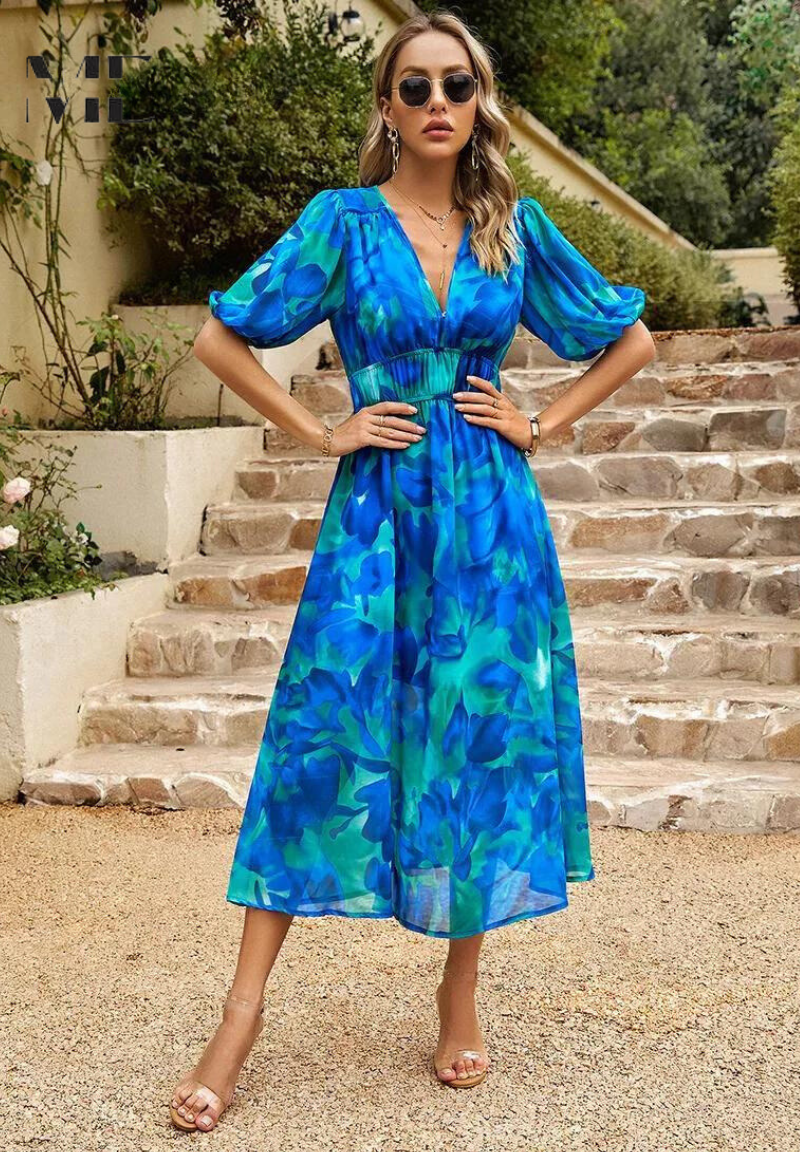 Women's Floral V-Neck Midi Dress for Wedding Guests