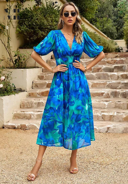 Women's Floral V-Neck Midi Dress for Wedding Guests
