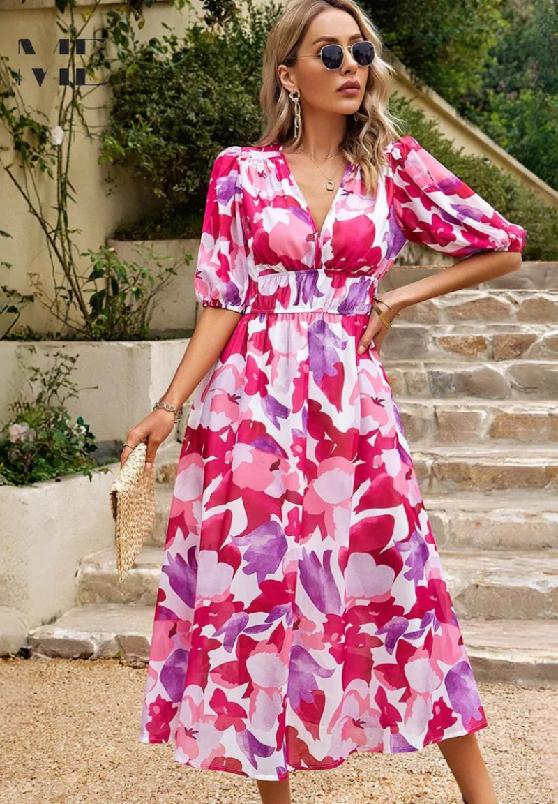 Women's Floral V-Neck Midi Dress for Wedding Guests