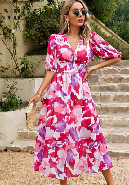 Women's Floral V-Neck Midi Dress for Wedding Guests