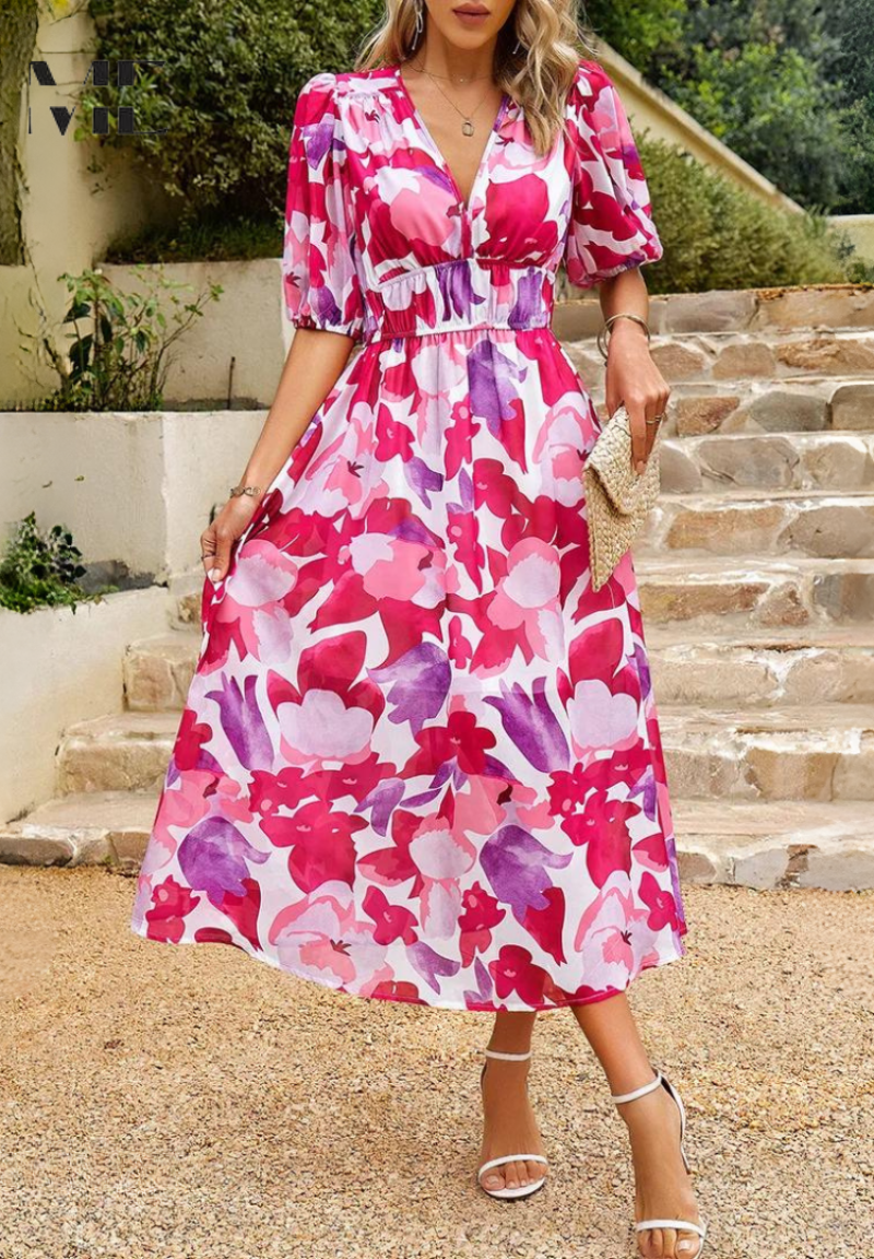 Women's Floral V-Neck Midi Dress for Wedding Guests