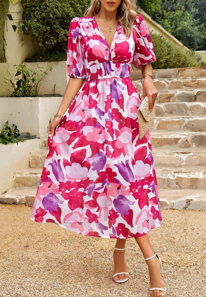 Women's Floral V-Neck Midi Dress for Wedding Guests