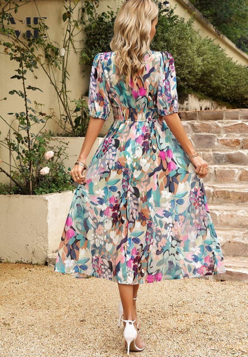 Women's Floral V-Neck Midi Dress for Wedding Guests