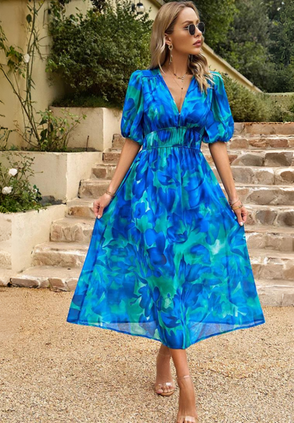Women's Floral V-Neck Midi Dress for Wedding Guests