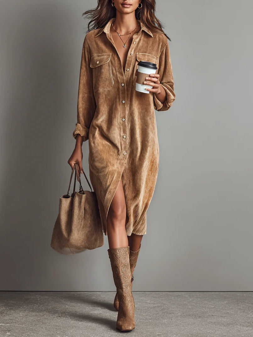 Women's Long-Sleeve Button-Front Midi Dress