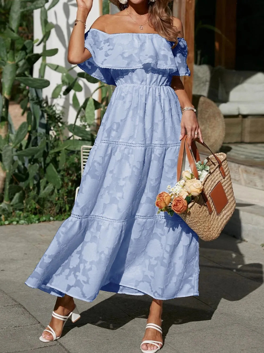 Women's Off-the-Shoulder Layered Wedding Guest Maxi Dress