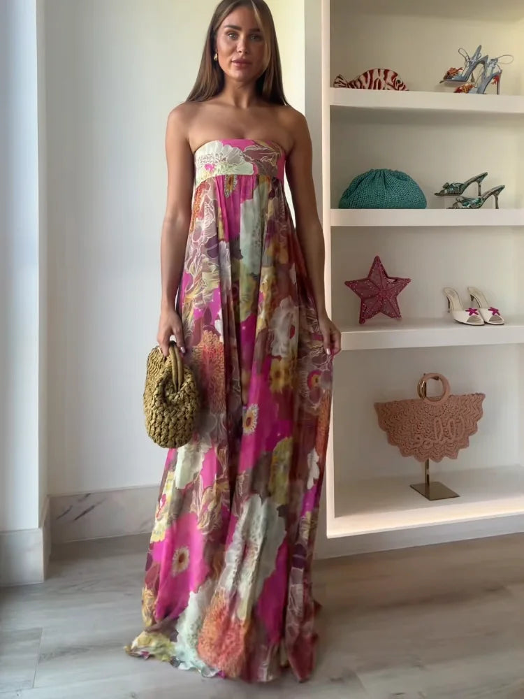 Women's Strapless Floral Wedding Guest Maxi Dress