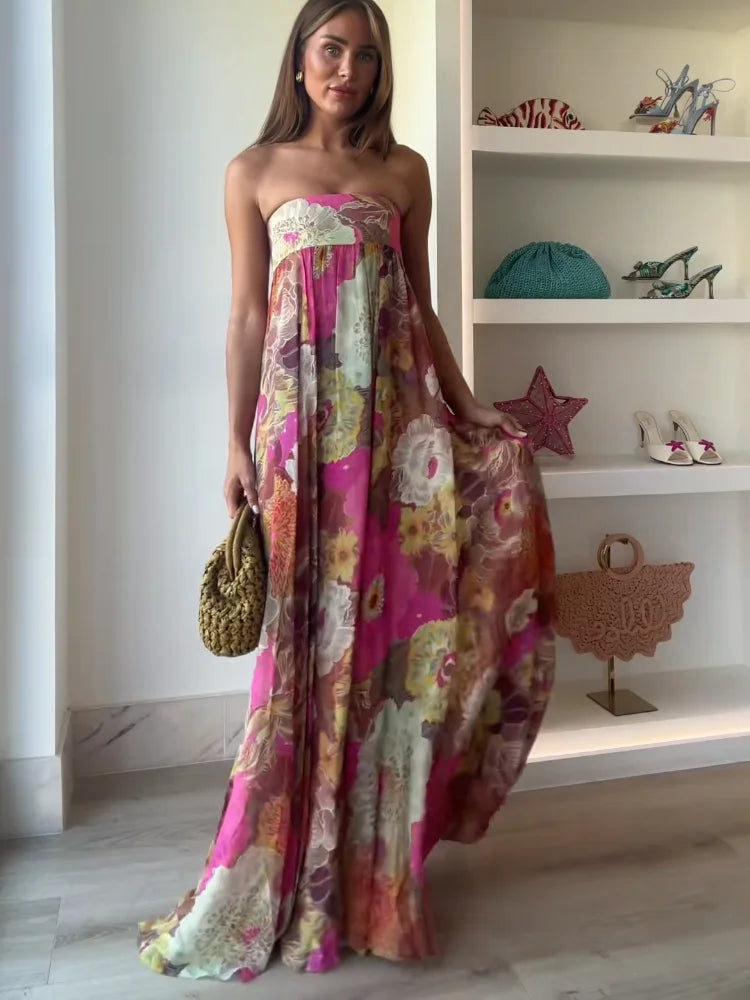 Women's Strapless Floral Wedding Guest Maxi Dress