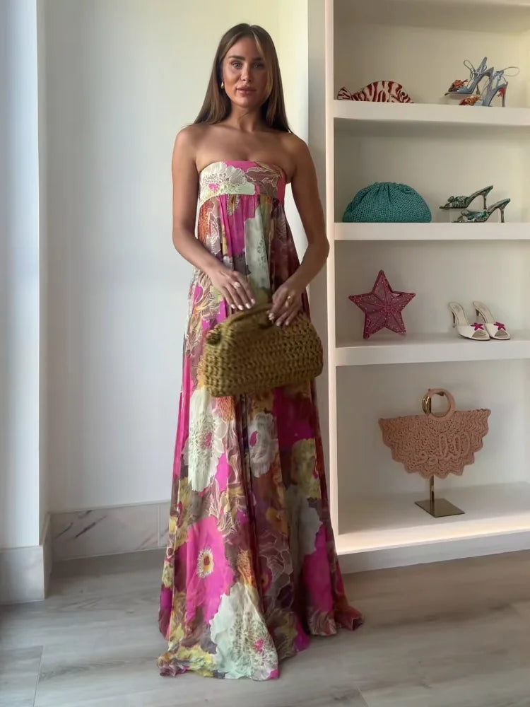 Women's Strapless Floral Wedding Guest Maxi Dress