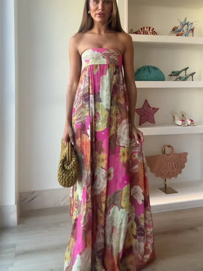 Women's Strapless Floral Wedding Guest Maxi Dress