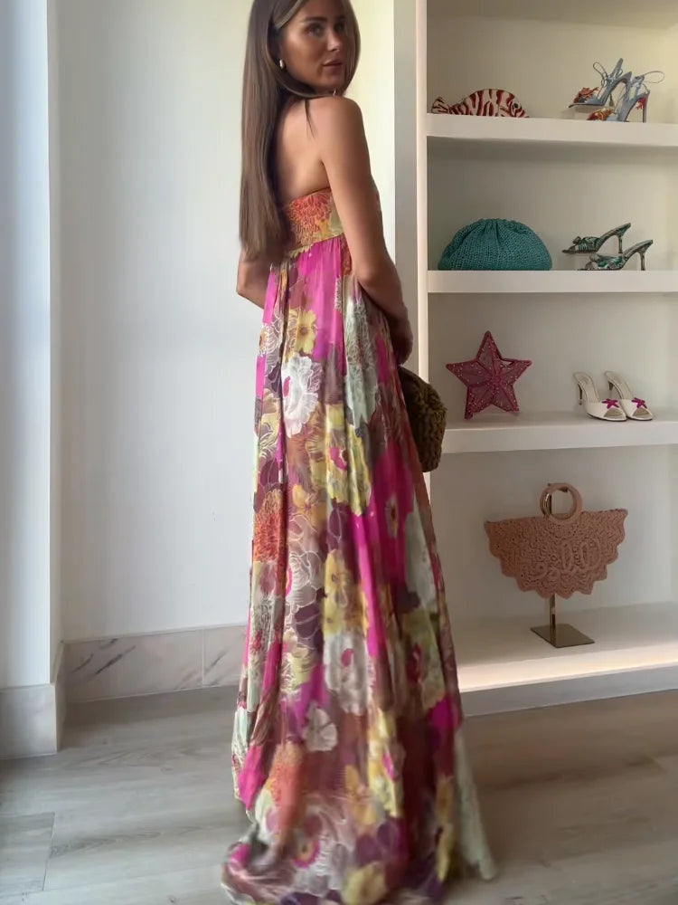 Women's Strapless Floral Wedding Guest Maxi Dress