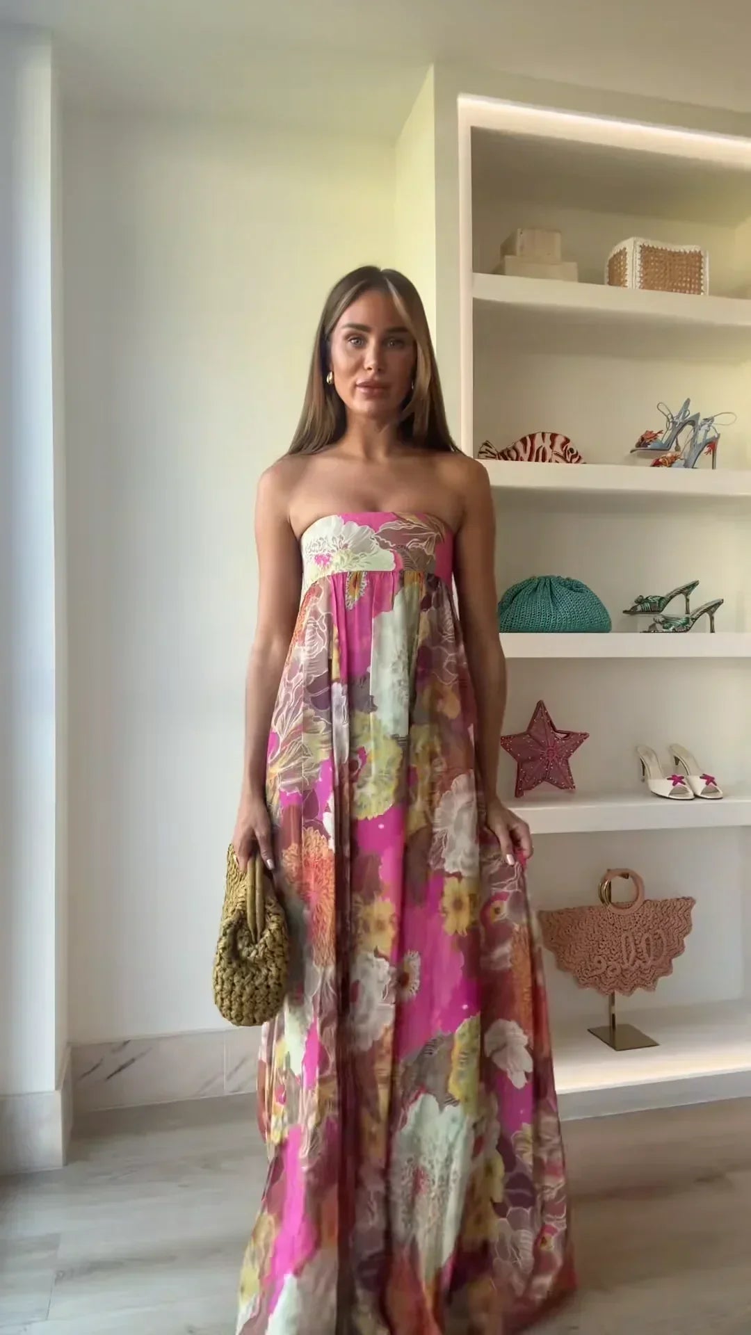 Women's Strapless Floral Wedding Guest Maxi Dress